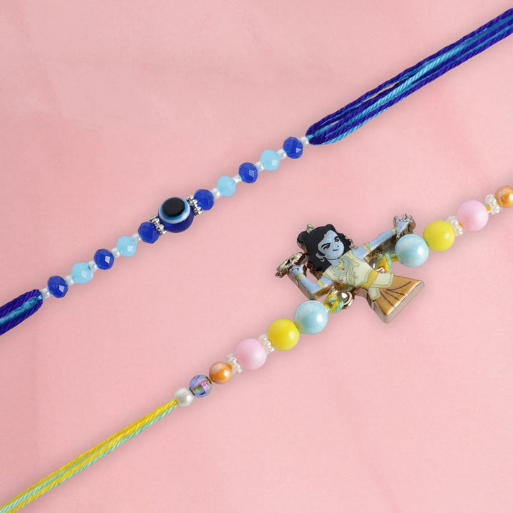 Handmade Beaded Krishna & Evil Eye Kids Rakhi With Roli Chawal | Set Of 2