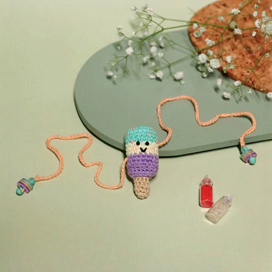Handmade Crochet Popsicle Love Kids Rakhi With Roli Chawal - Necklace with Blue Ice Cream Pendant