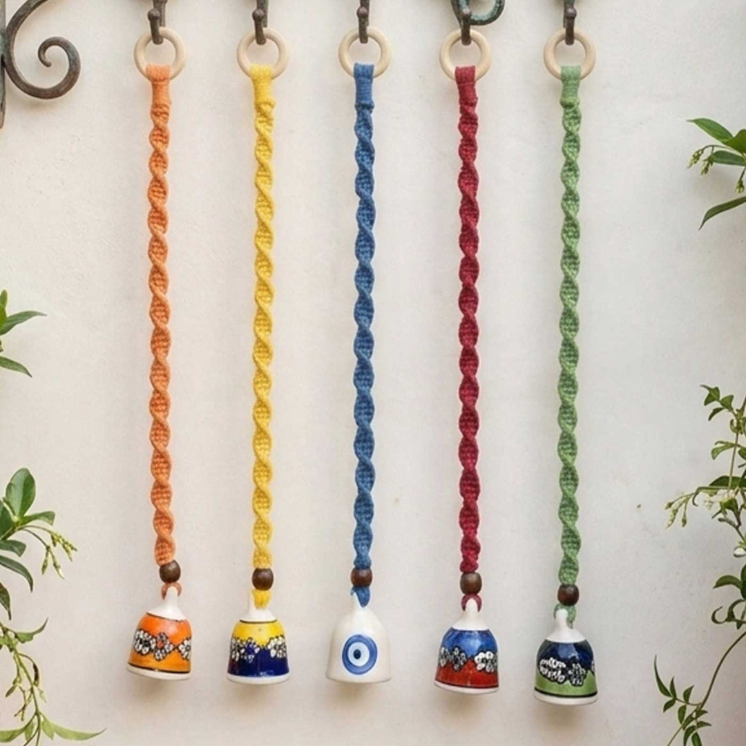 5 Pc | Macrame Handpainted Ceramic Bells Hanging With 5 Assorted Ceramic Hooks