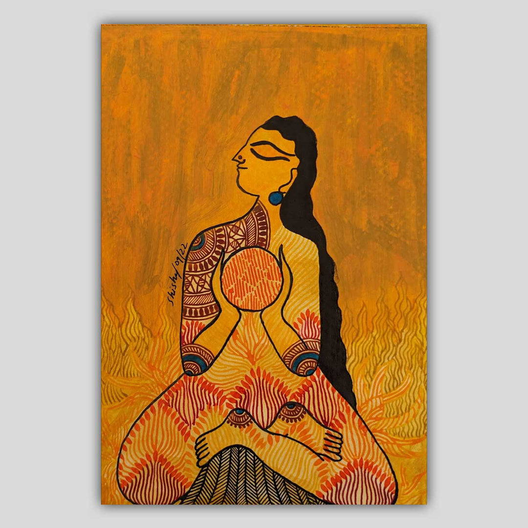 7 x 9  Inch | Sacred Agni | Original Hanpainted Madhubani Panch Tatva Painting | Natural Colors On Paper
