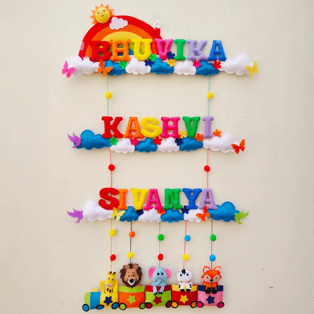 Personalized Rainbow & Animal Train Theme Felt Kids Name Plate