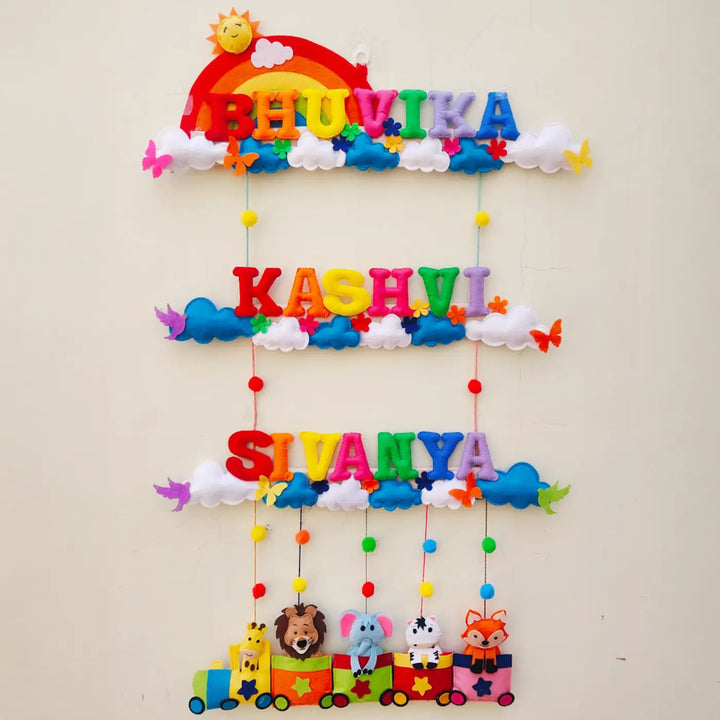Personalized Rainbow & Animal Train Theme Felt Kids Name Plate