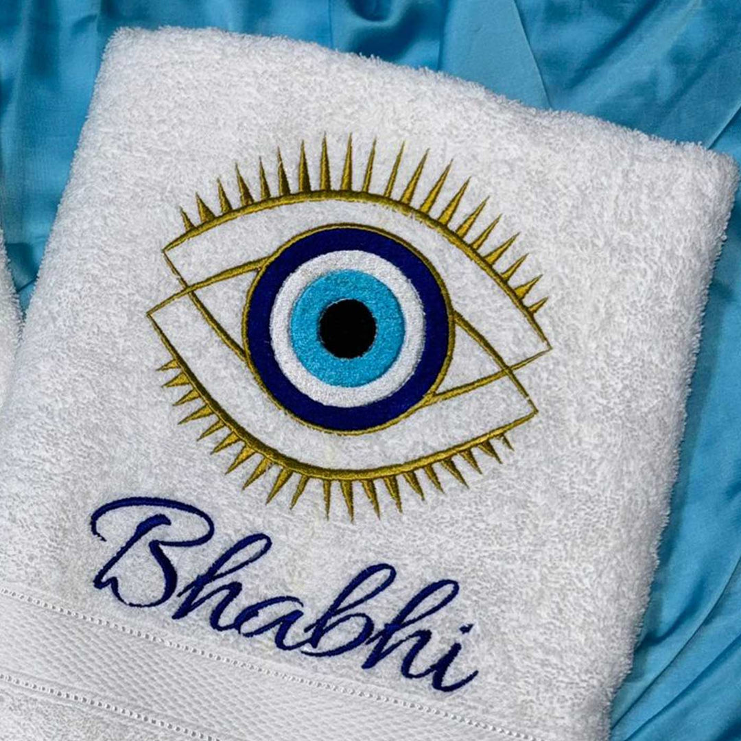 Personalized Embroidered Evil Eye Theme Cotton Bath Towel For Bhaiya And Bhabhi | Set Of 2