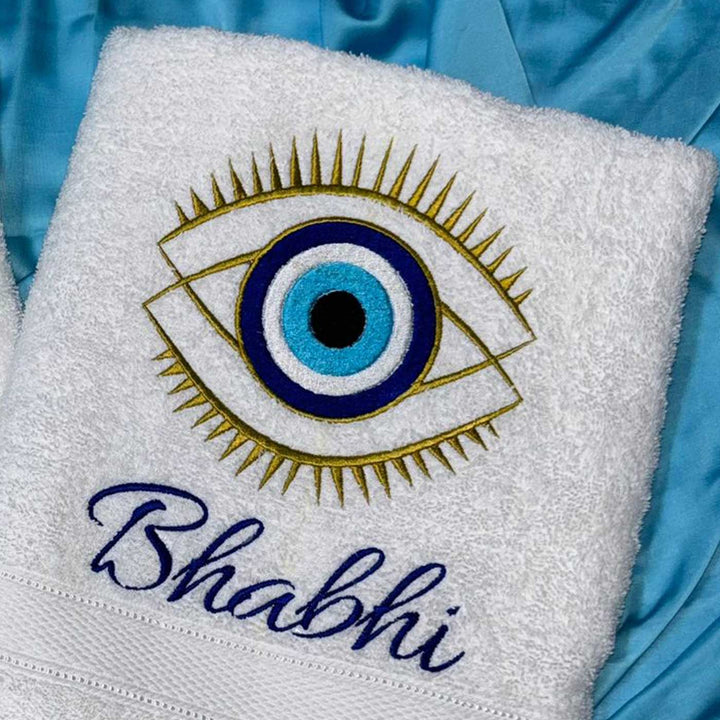 Personalized Embroidered Evil Eye Theme Cotton Bath Towel For Bhaiya And Bhabhi | Set Of 2
