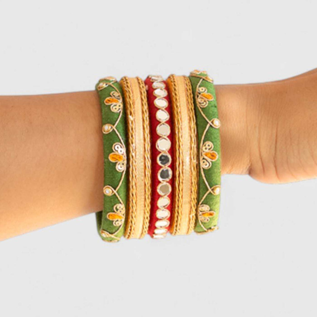 Green & Red Handcrafted Gotta Patti & Mirror Work Bangles | Set of 5