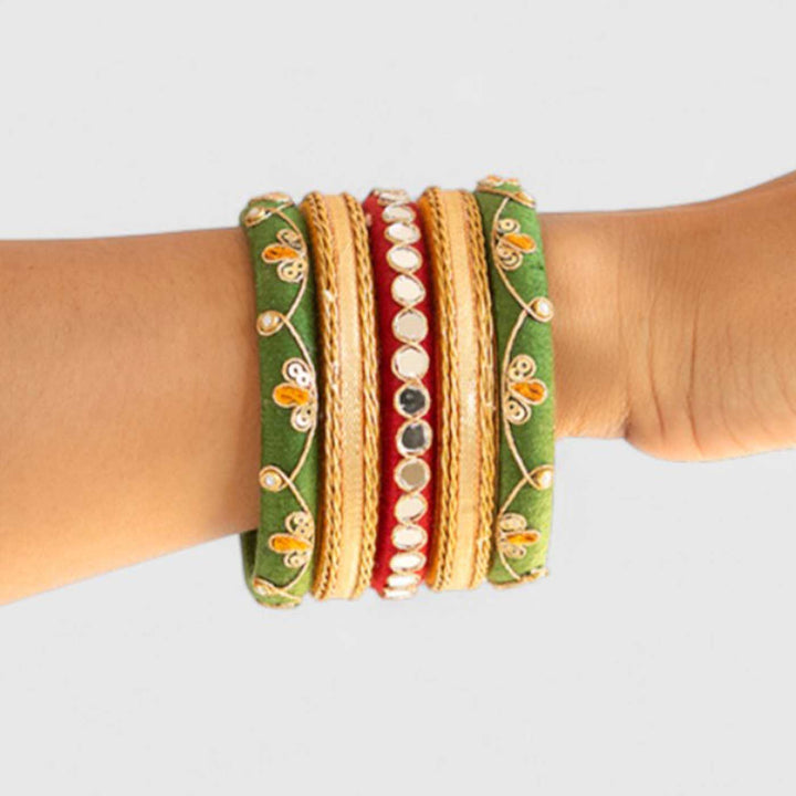 Green & Red Handcrafted Gotta Patti & Mirror Work Bangles | Set of 5