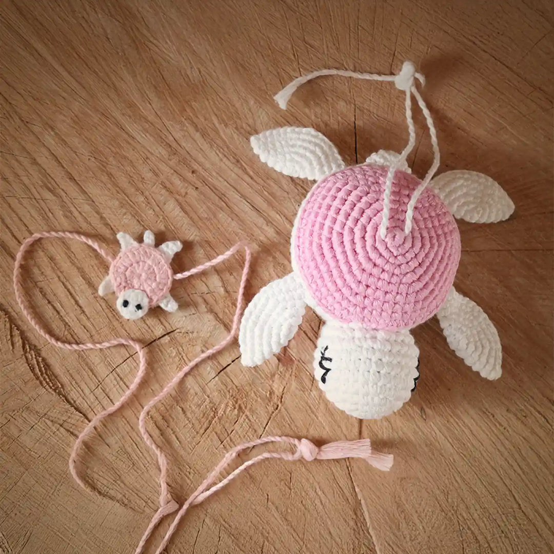 Handmade Crochet Turtle Theme Kids Rakhi And Toy Combo With Roli Chawal Set Of 2 - Top View with String Attachment