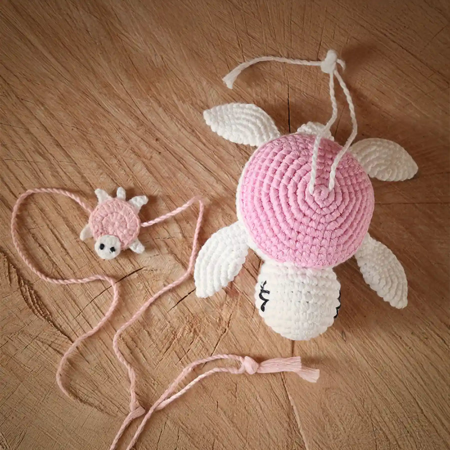Handmade Crochet Turtle Theme Kids Rakhi And Toy Combo With Roli Chawal Set Of 2 - Top View with String Attachment