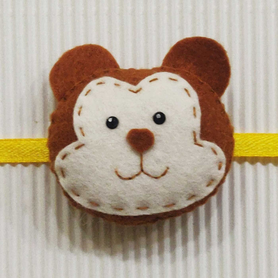Handmade Monkey Theme Felt Kids Rakhi With Roli Chawal - Close-up Front View