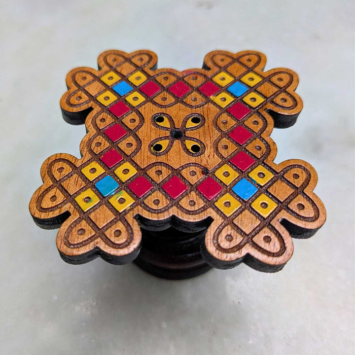 2 pc | Hand-Painted Engraved Red & Yellow Mahogany Wood Kolam Agarbatti Holder For Pooja Room