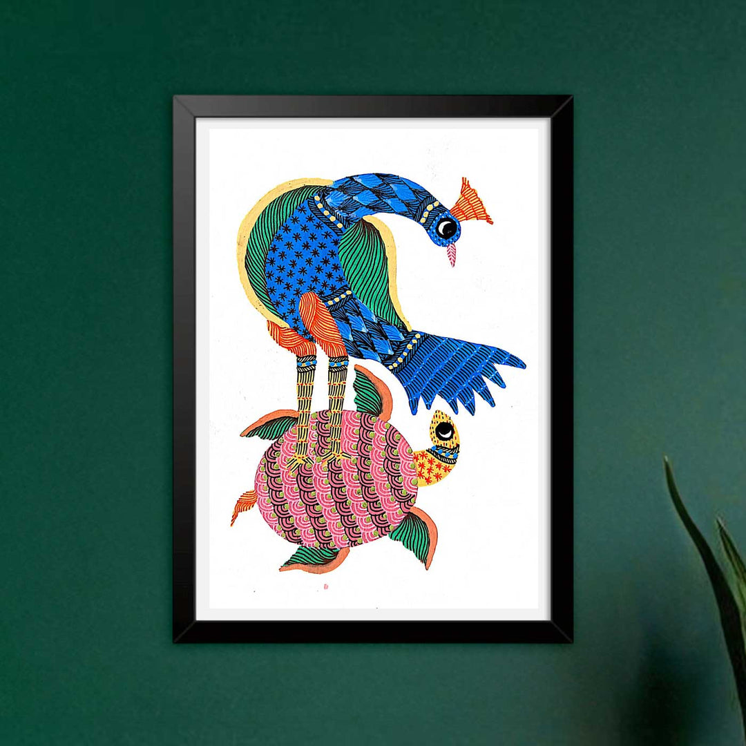 6 x 8 Inch | Peacock & Turtle | Original Hand painted Tribal Gond Art Painting | Acrylic Paints On Paper
