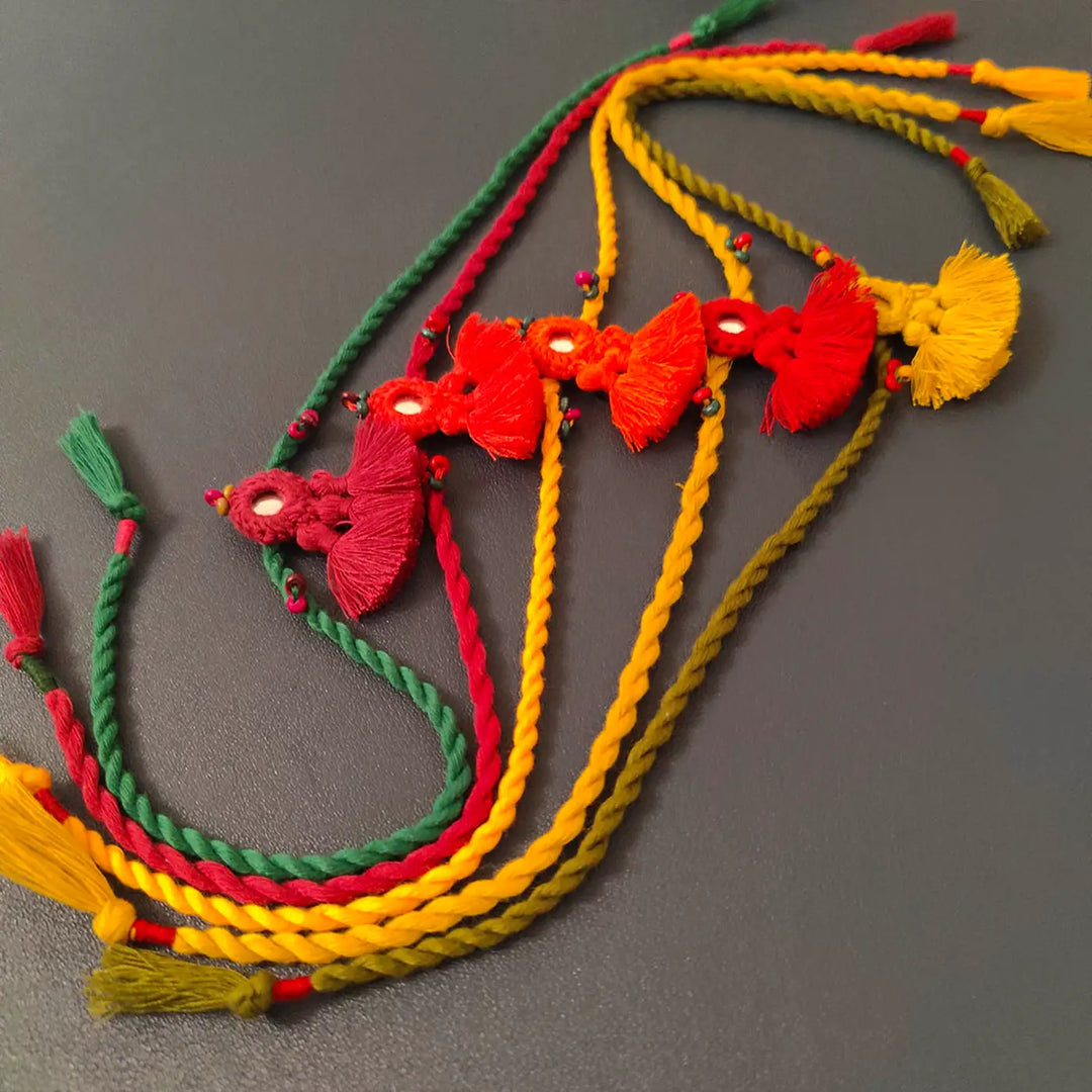 Handmade Mirror Work & Tassels Rakhi With Roli Chawal