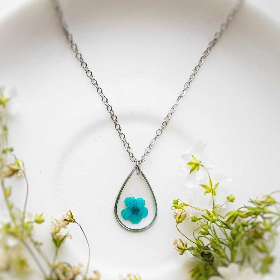 Blue Chirpy Preserved Flower Drop Stainless Steel Necklace
