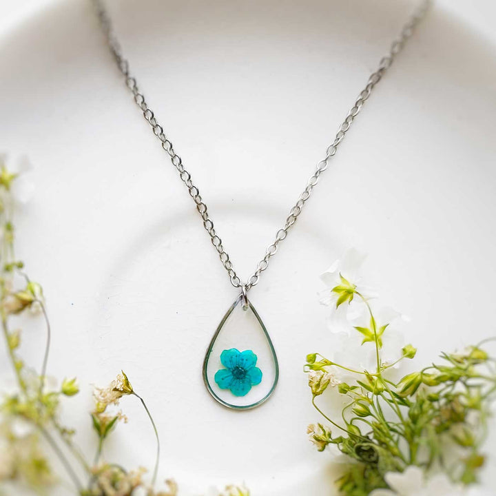 Blue Chirpy Preserved Flower Drop Stainless Steel Necklace