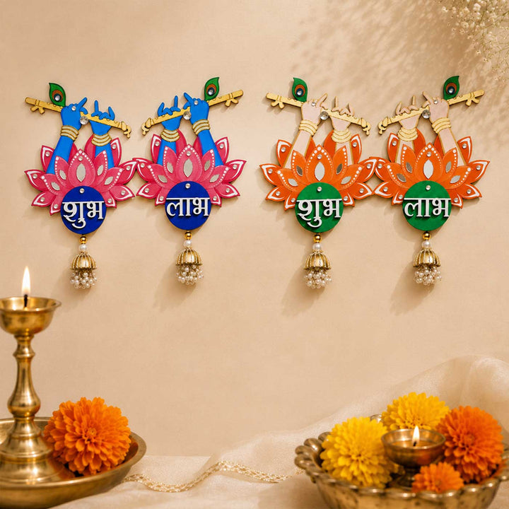 2 Pc | Hand-Painted Krishna Flute Design MDF Shubh Labh Hangings