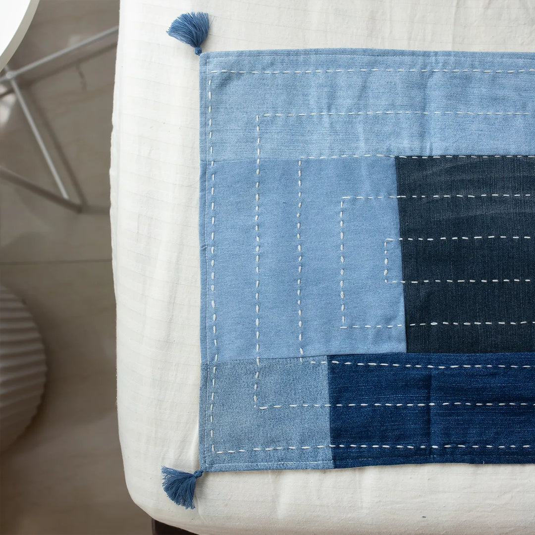 Upcycled Hand Embroidered Denim Boxed Eco-Friendly Table Runner & Mat