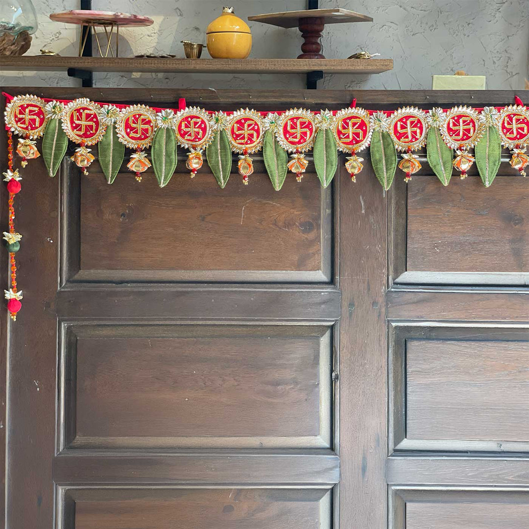 Handmade Ashoka Manglam Swastik Gota Patti Banderwal Toran With Ashok Leaves