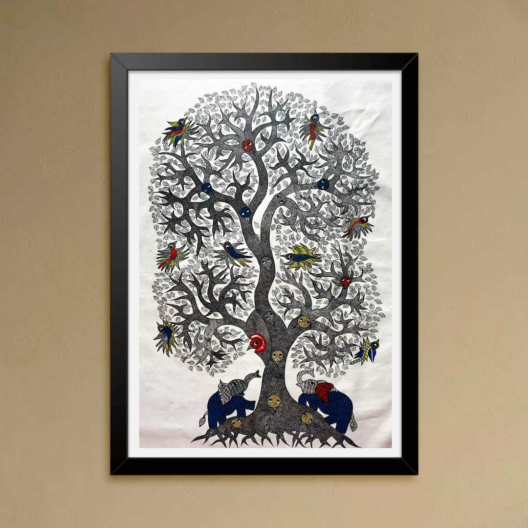 24 x 36 Inch | Elephant & Tree | Original Hand Painted Tribal Gond Art Painting | Acrylic Paints On Paper