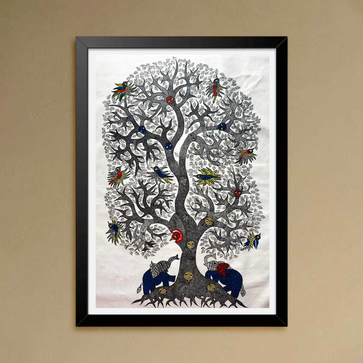 24 x 36 Inch | Elephant & Tree | Original Hand Painted Tribal Gond Art Painting | Acrylic Paints On Paper