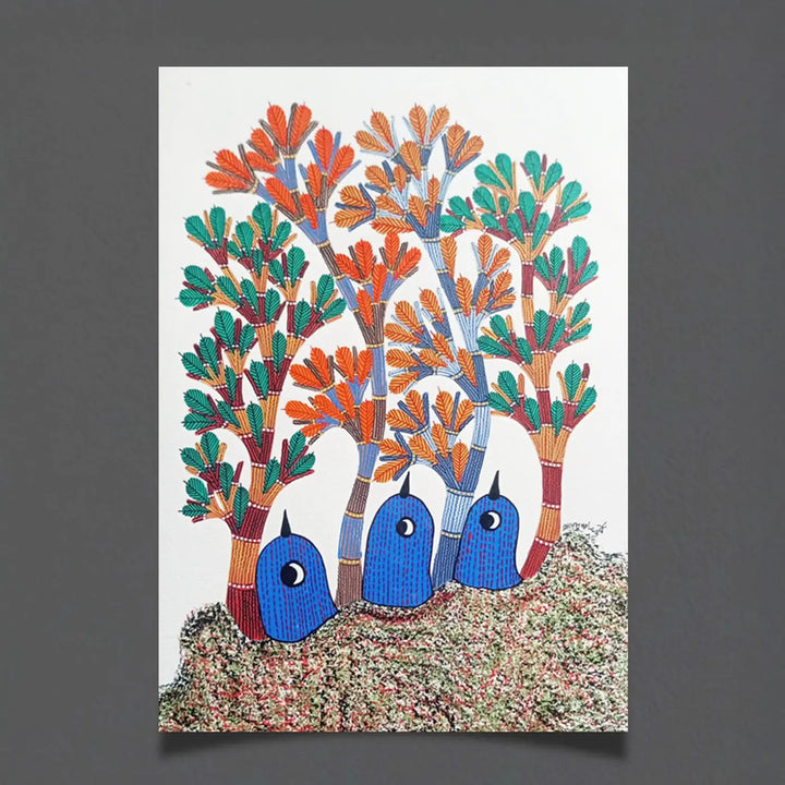 11 x 16 Inch | Blue Birds Under Trees | Original Hand Painted Tribal Gond Art Painting | Acrylic Paint On Paper