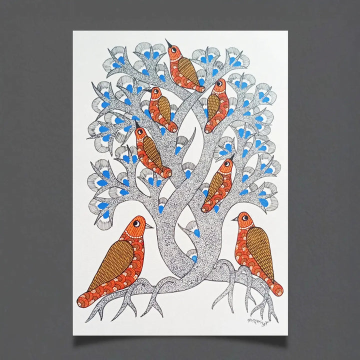 11 x 16 Inch | Birds On Tree | Original Hand Painted Tribal Gond Art Painting | Acrylic Paint On Paper