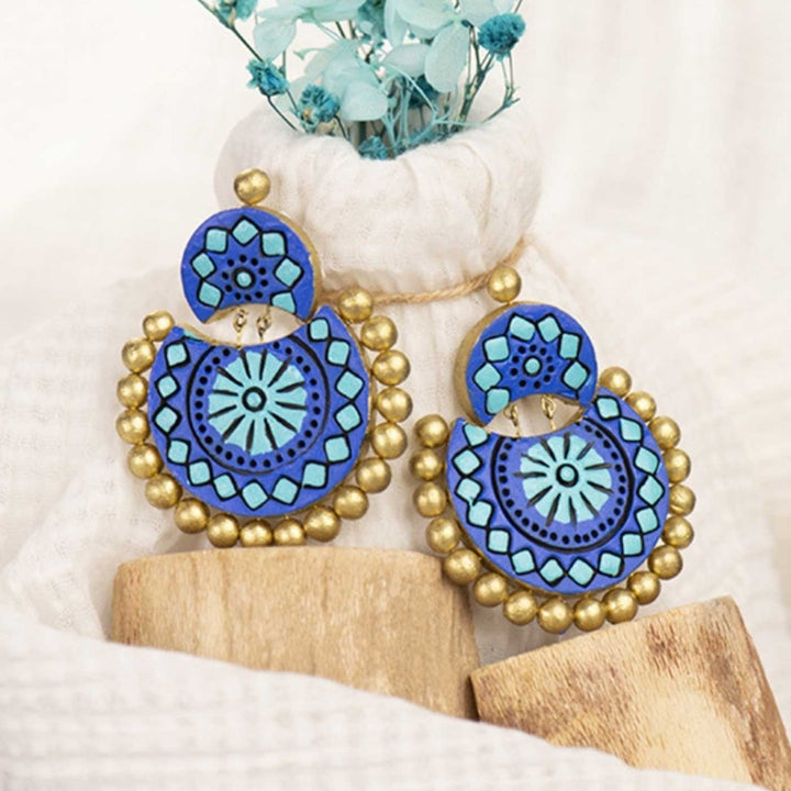 Handmade Beaded Blue Polka Terracotta Earrings