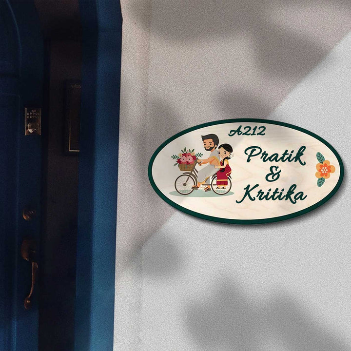 Personalized South Indian Couple Theme Mdf Wood Name Plate