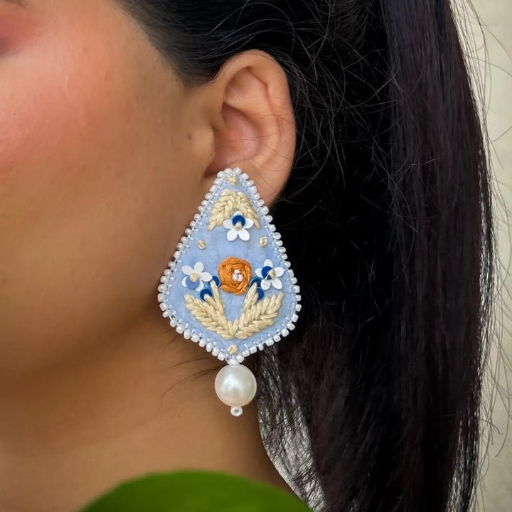 Hand Embroidered Beaded Light Blue Drop-Shaped With Pearl Drop Cotton Earrings