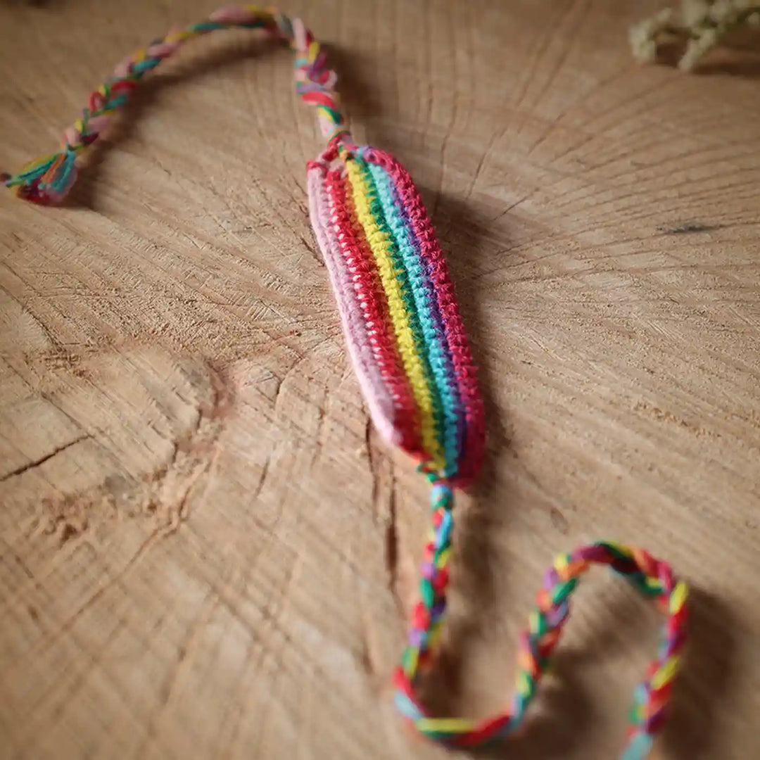 Handmade Crochet Multicolour Band Rakhi With Roli Chawal - Close-up View