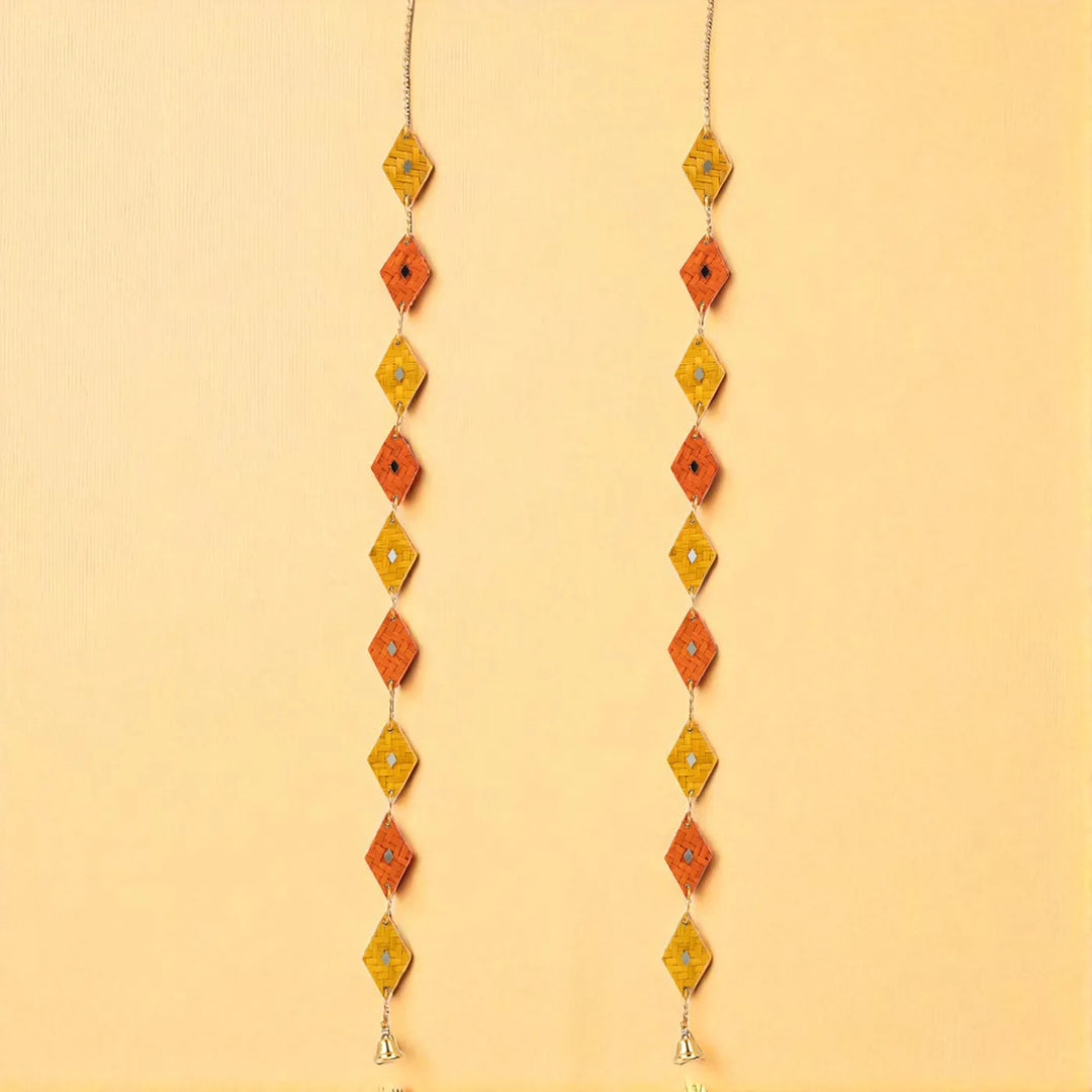 Mirror Embellished Eco-Friendly Handmade Woven Bamboo Hanging | 45 Inch x 2 Inch | Set Of 2