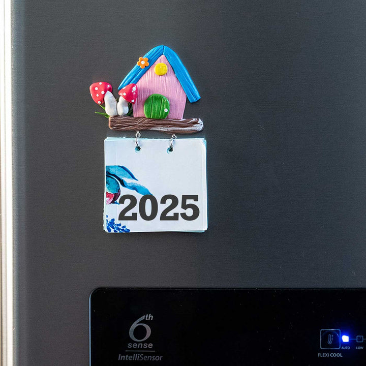 Pink & Blue Birdhouse 2025 Clay Calendar Magnet
