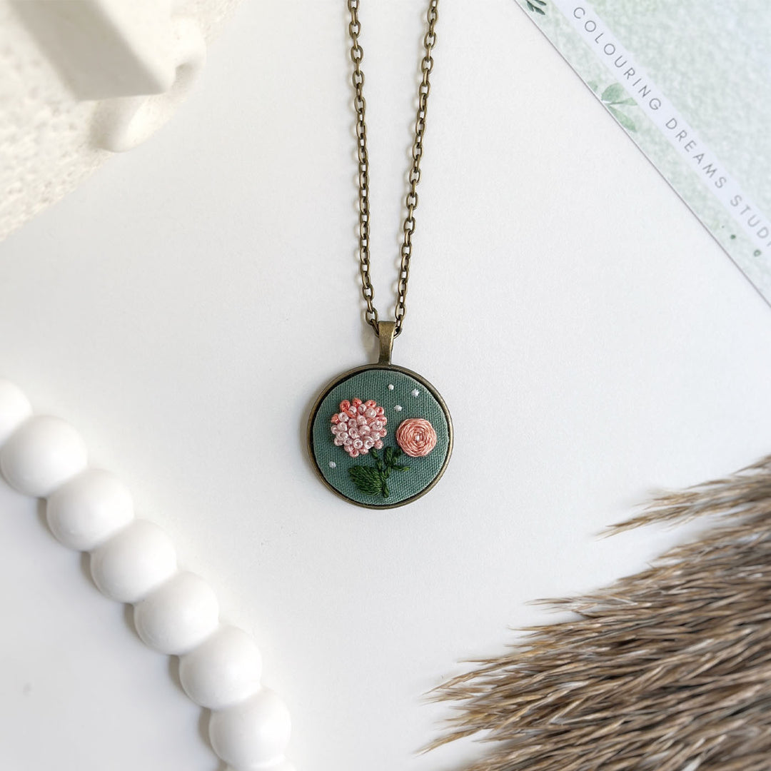 Hand Embroidered Coral Sage Antique Finish Necklace