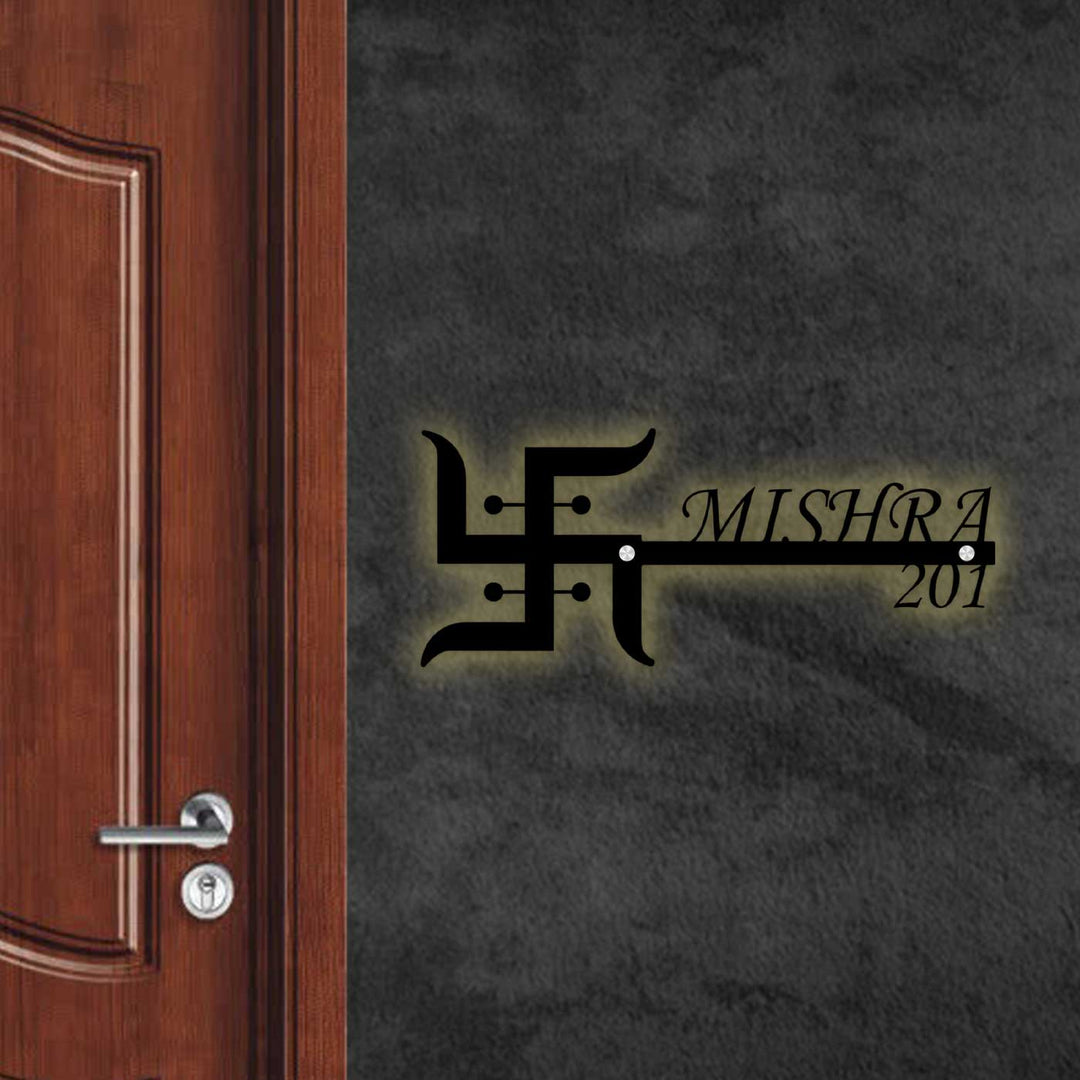Personalized Swastik Laser Cut Metal Name Plate - Mounted on Wall with Backlight