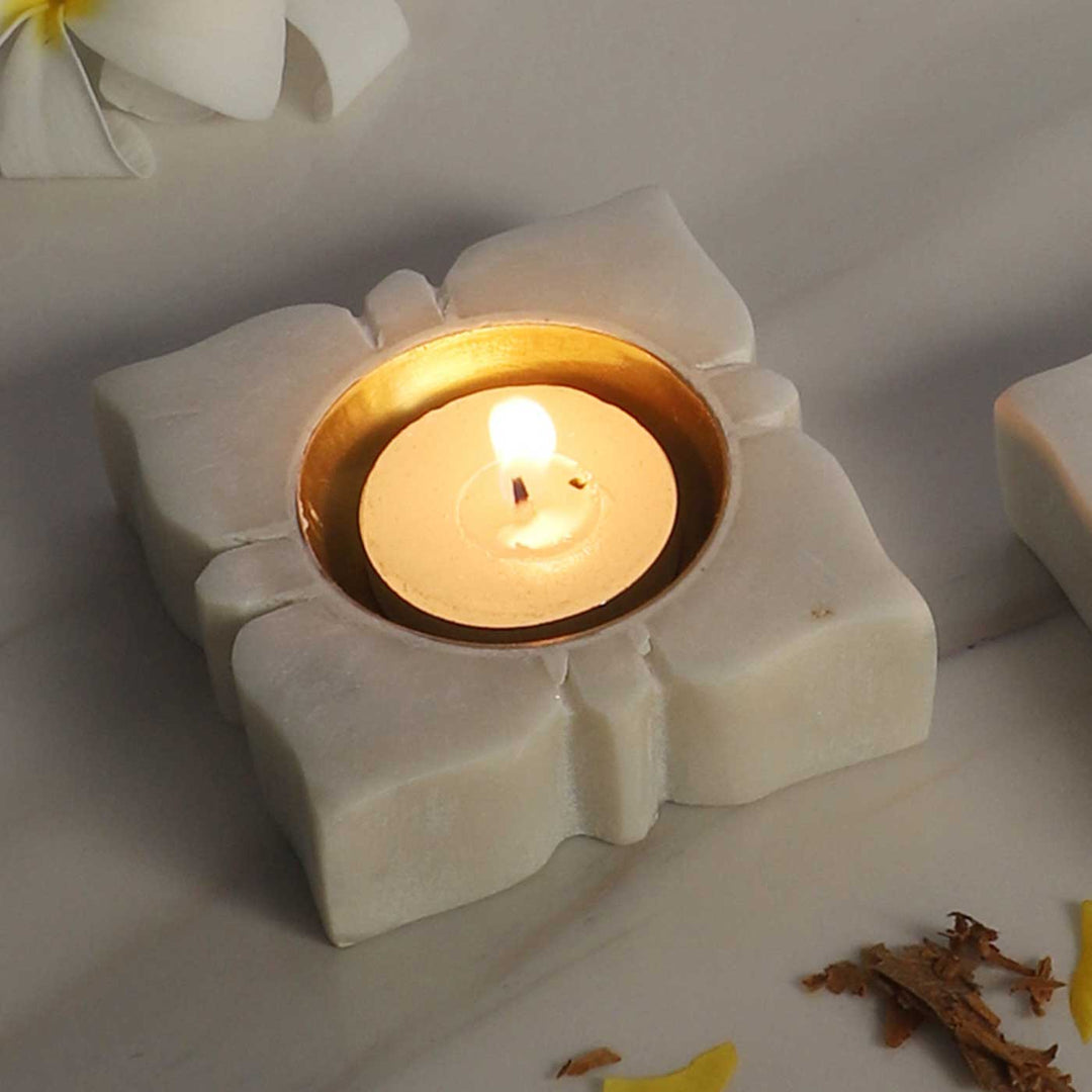 Set Of 2 | Handmade Square Marble & Brass Oil Lamp / Diya For Pooja Decor