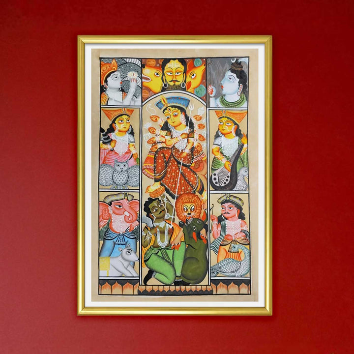 14 x 22 Inch | Durga Mahishasura Mardini | Original Hand Painted Kalighat Painting | Natural Colors On Paper