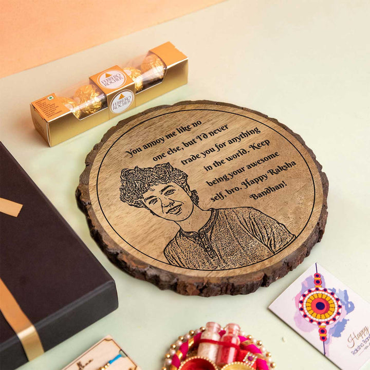 Photo Personalized Engraved Brother Theme Wooden Decorative Plaque Rakhi Hamper Includes 1 Rakhi 1 Plaque 1 Chocolate 1 Card And 1 Rakhi Plate - Plaque with Ferrero Rocher and Card