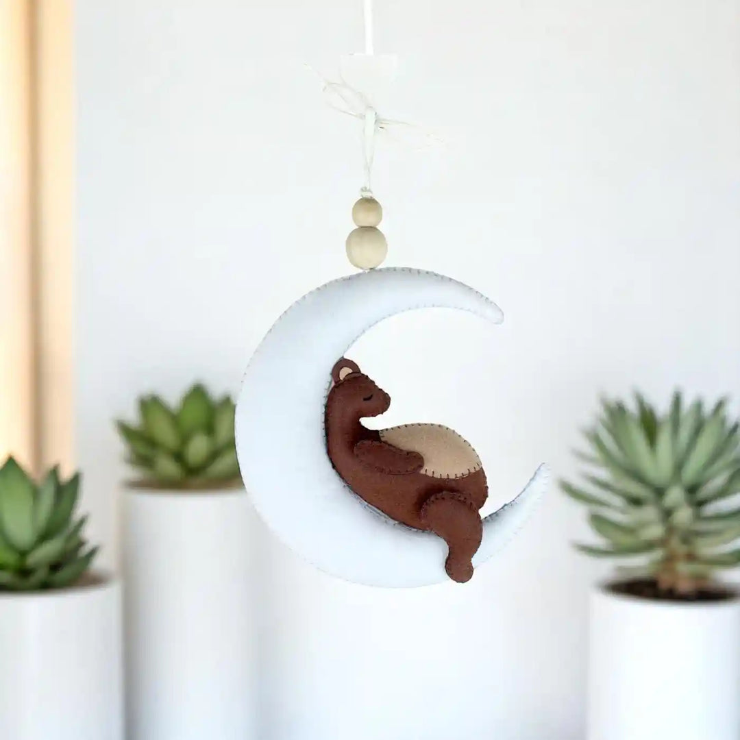 Handmade Sleepy Bear On Moon Felt Hanging For Kids