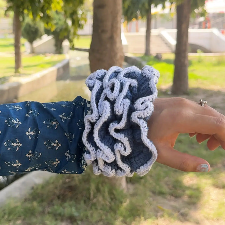 Handmade Crochet Blue Rushed Cotton Scrunchie