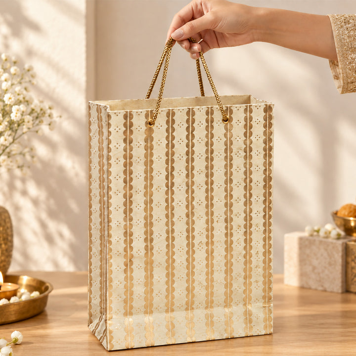 "Lace" Handmade Golden Screen Printed Small Paper Bag For Festive Gifting