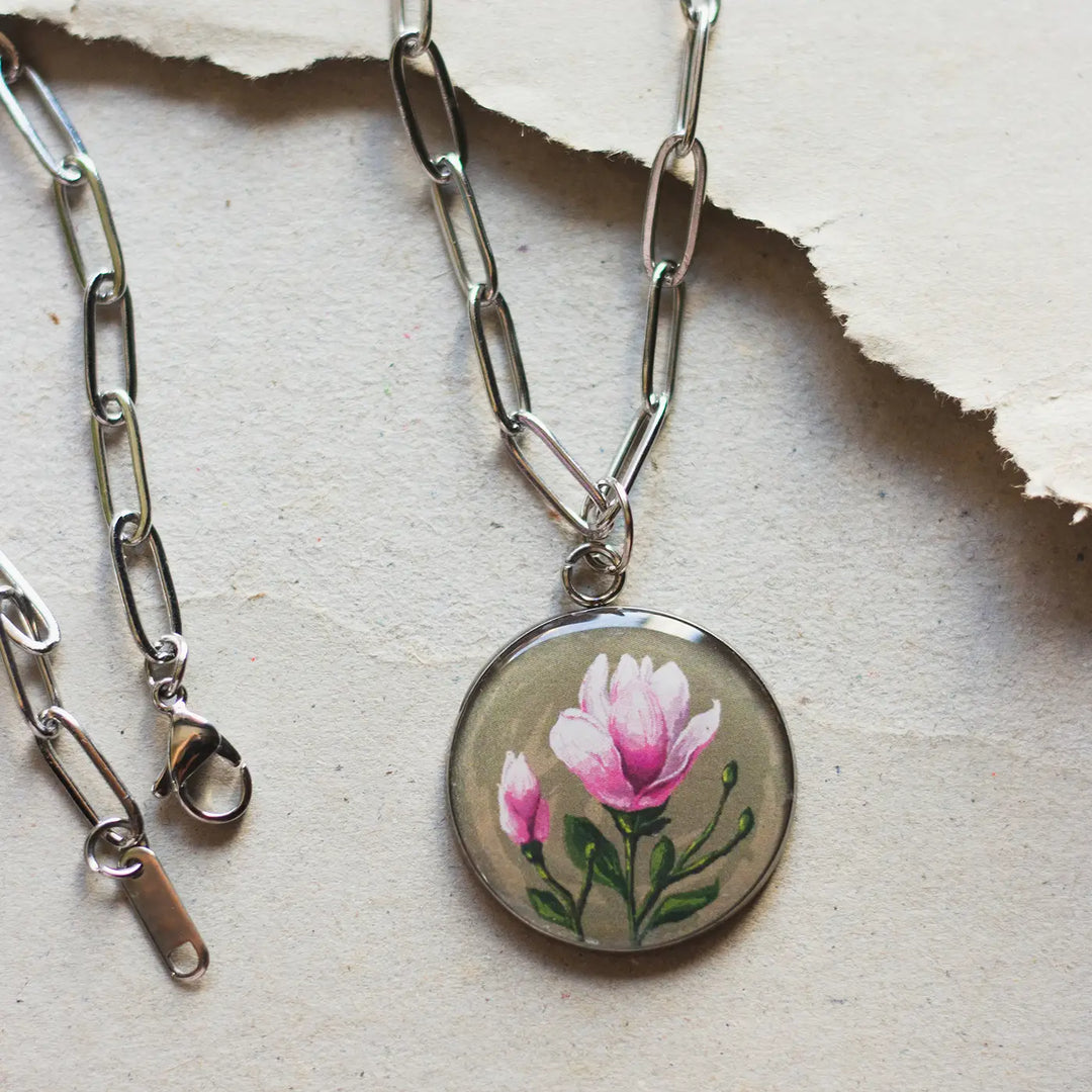 Illustrated Magnolia Flower Design Resin & Stainless Steel Necklace