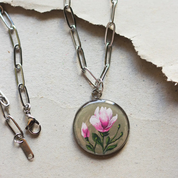 Illustrated Magnolia Flower Design Resin & Stainless Steel Necklace