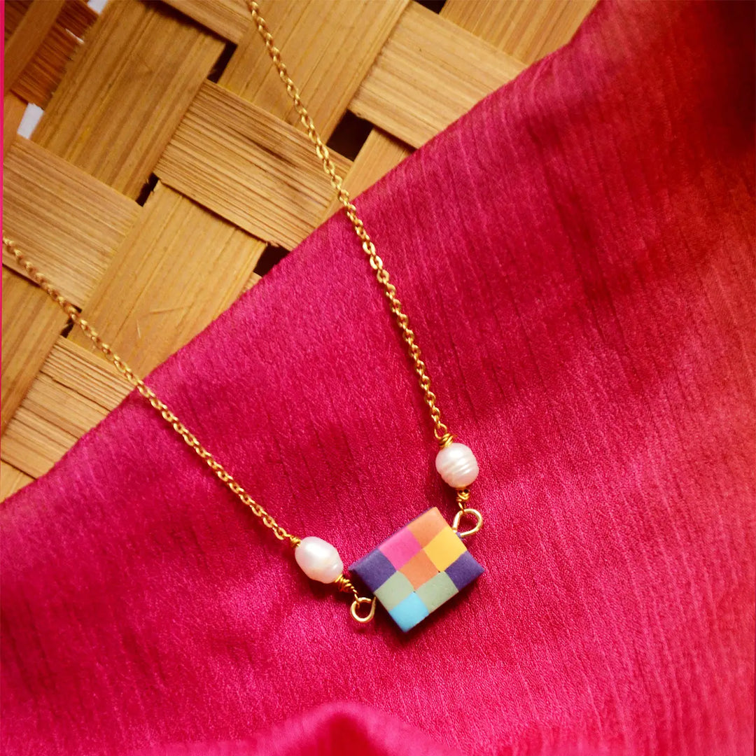 Handmade Polymer Clay Madras Fabric Check Design Pearl Pendant