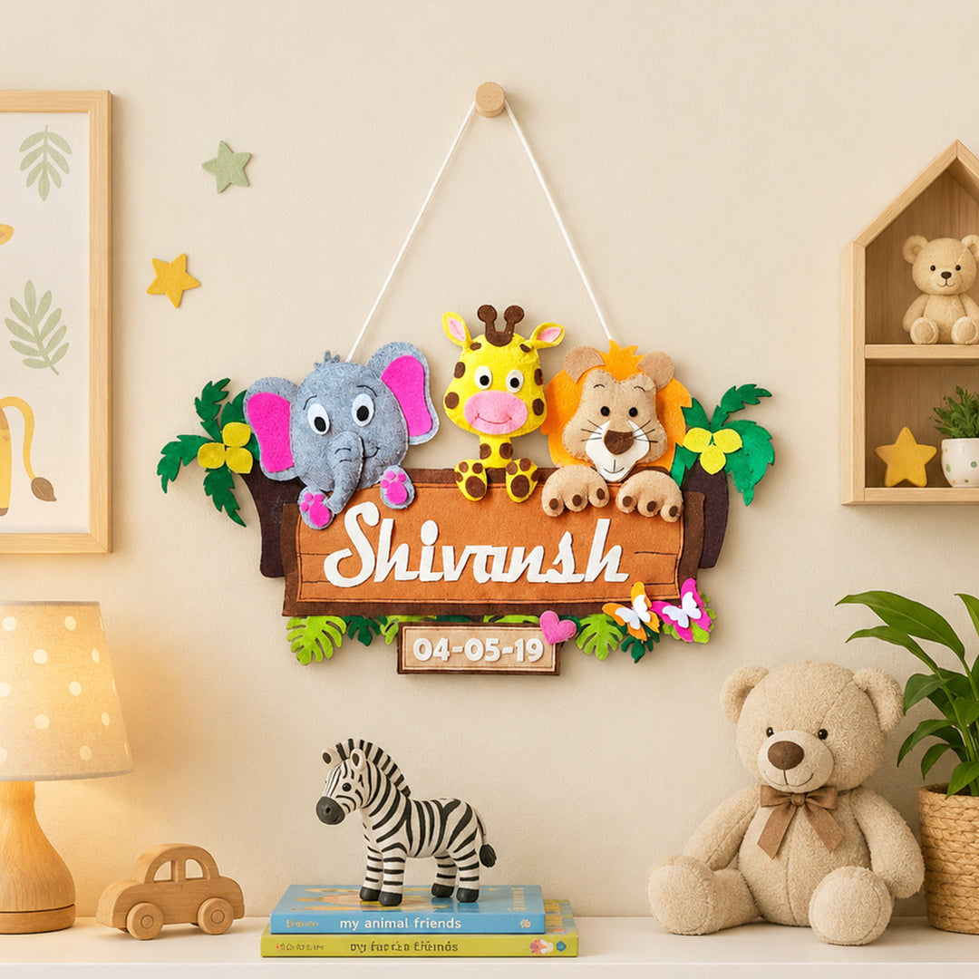 Personalised Jungle Safari Kids Felt Name Plate