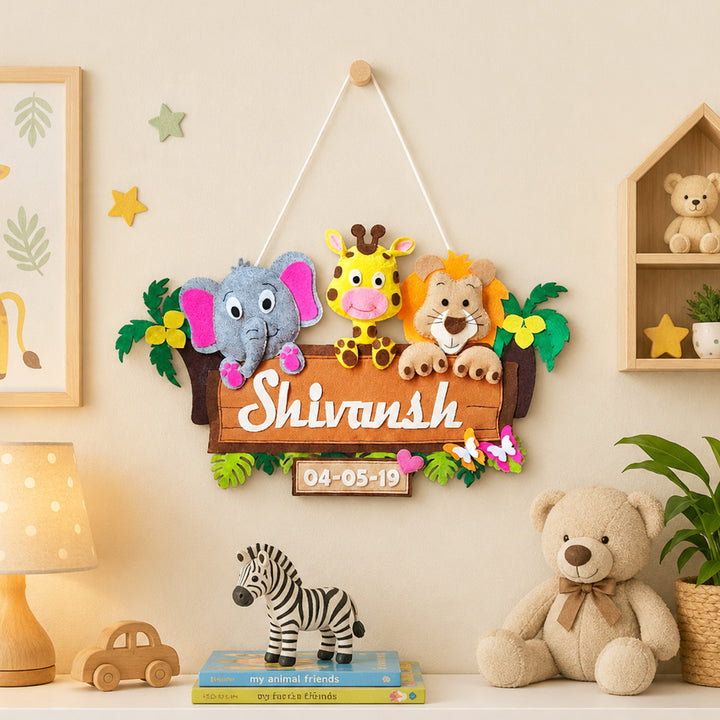 Personalised Jungle Safari Kids Felt Name Plate