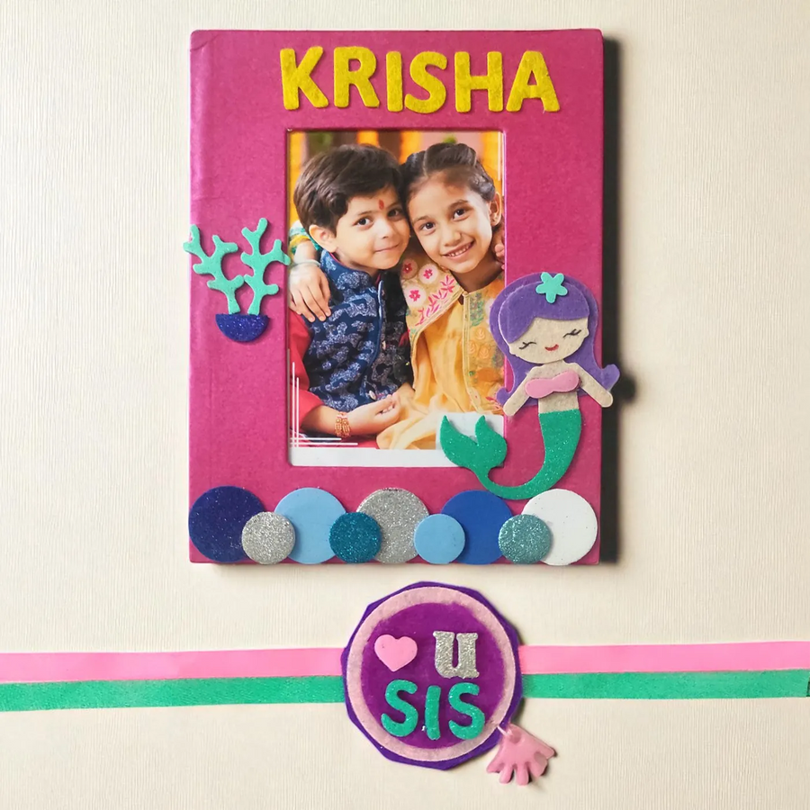 Photo Personalized Mermaid Theme Felt Rakhi Hamper With Roli Chawal Includes 1 Photo Frame 1 Rakhi - Photo Frame Front View with Decoration