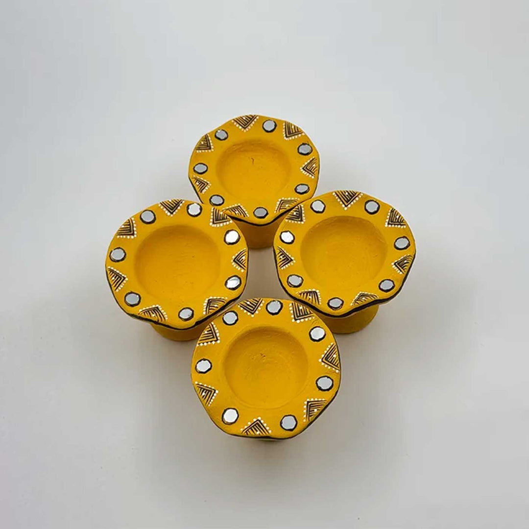 Set of 6 | Sunny Yellow Hand-Painted Flower-Shaped Terracotta Diya Tealight Holders For Festive Decor