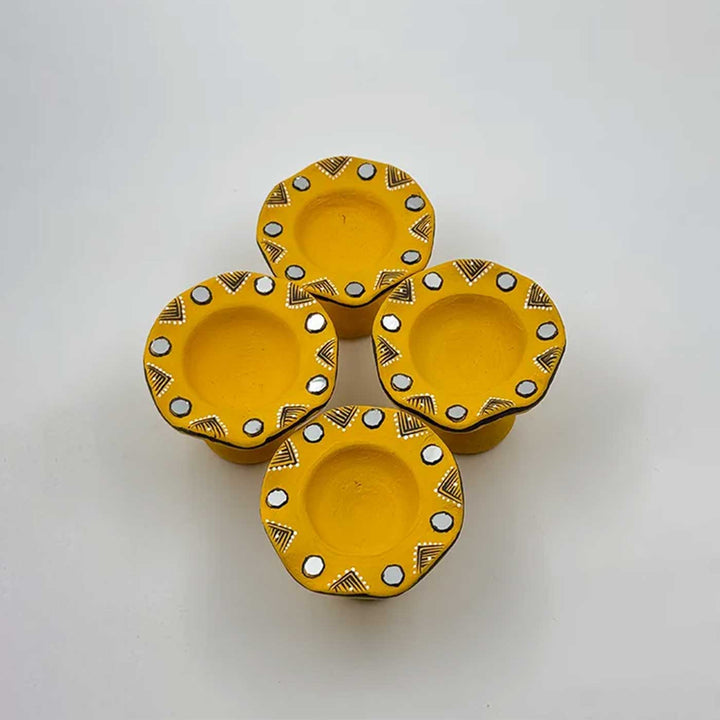 Set of 6 | Sunny Yellow Hand-Painted Flower-Shaped Terracotta Diya Tealight Holders For Festive Decor