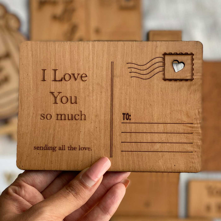 Engraved "I Love You So Much" Postcard Theme Wooden Greeting Card