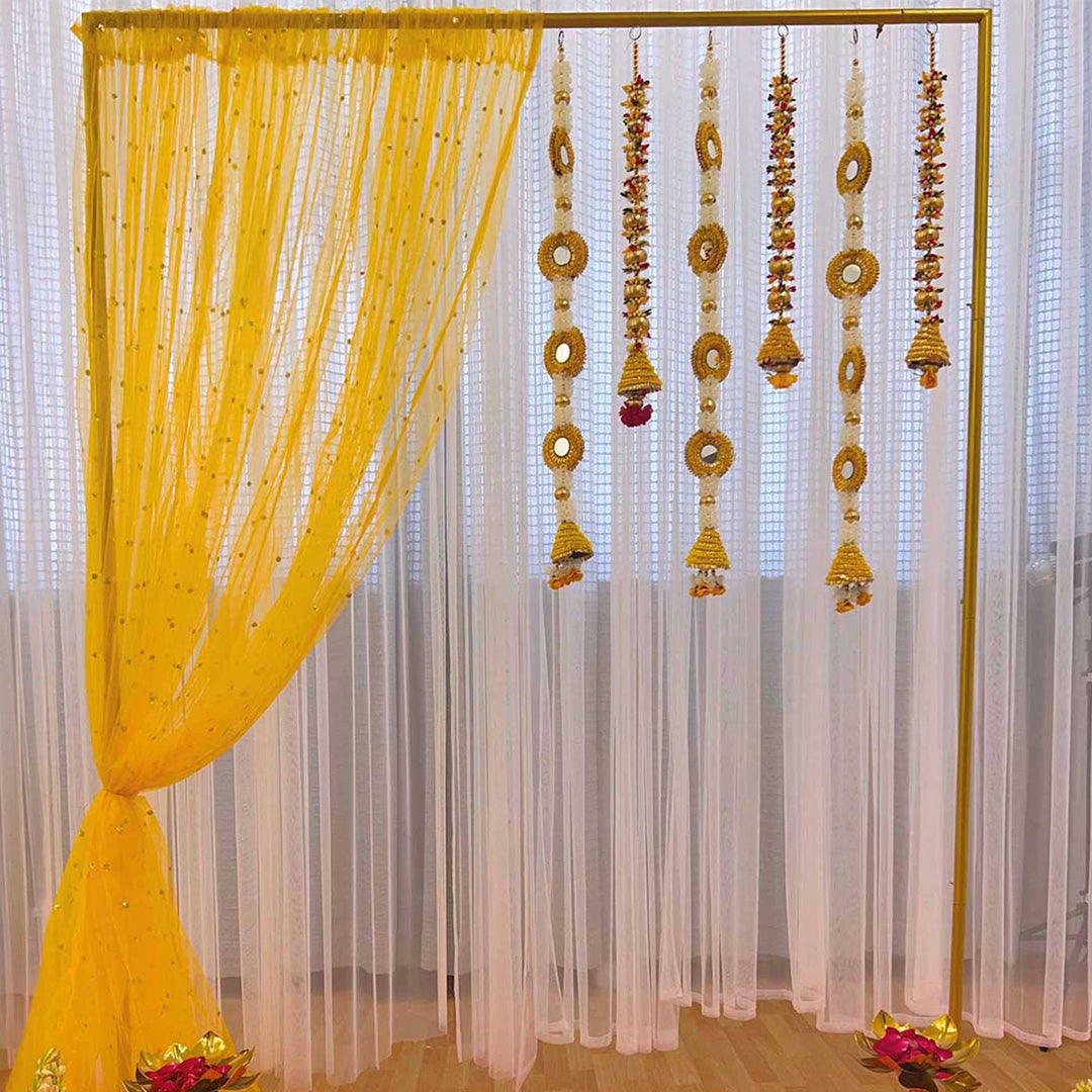 Yellow Mirror Cone Tassel Backdrop Decor Kit With Stand & Drape