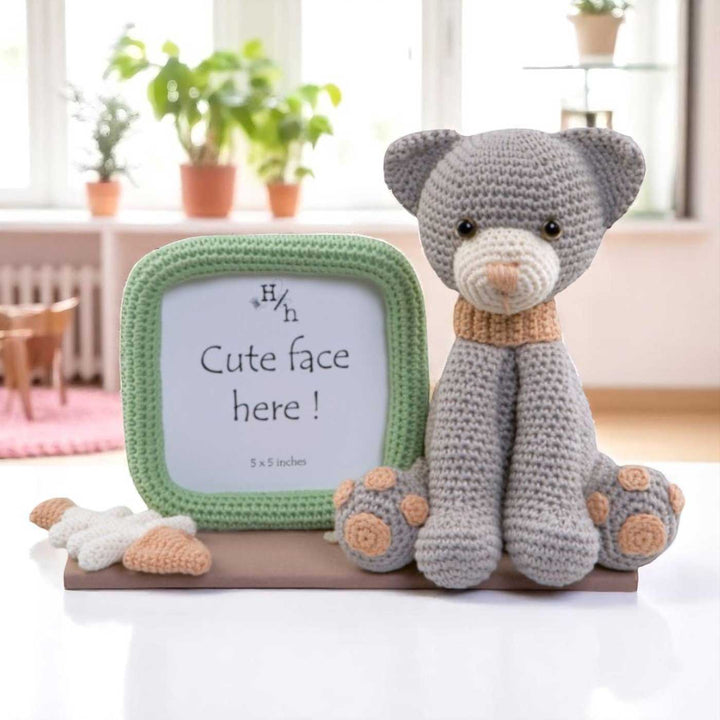 Handmade Crochet Kitten Photo Frame & Kids Rakhi With Roli Chawal